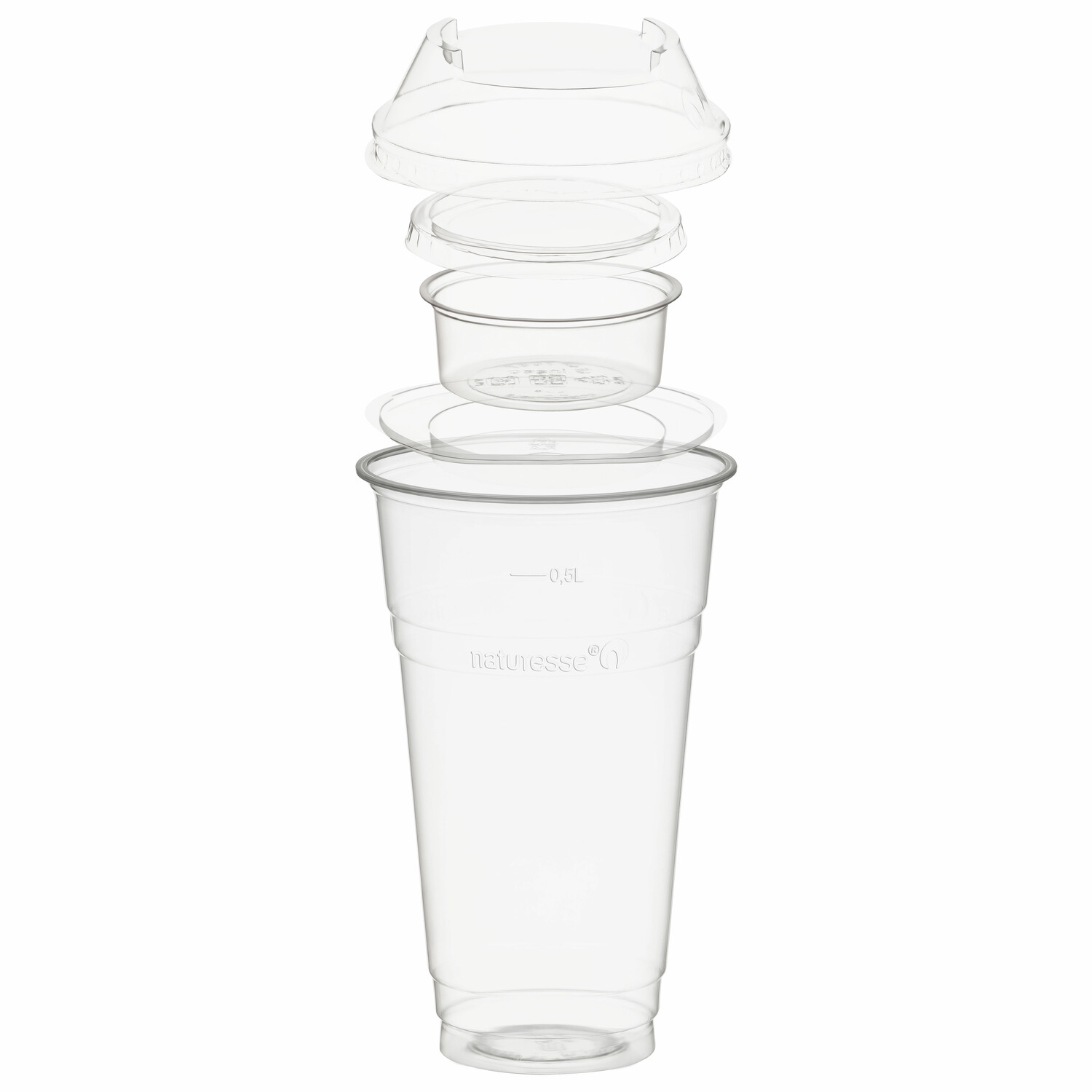 BIO Trinkbecher 500ml+Domdeckel+ 90ml Einsatzbecher stapelbar PLA, 100 Stk.