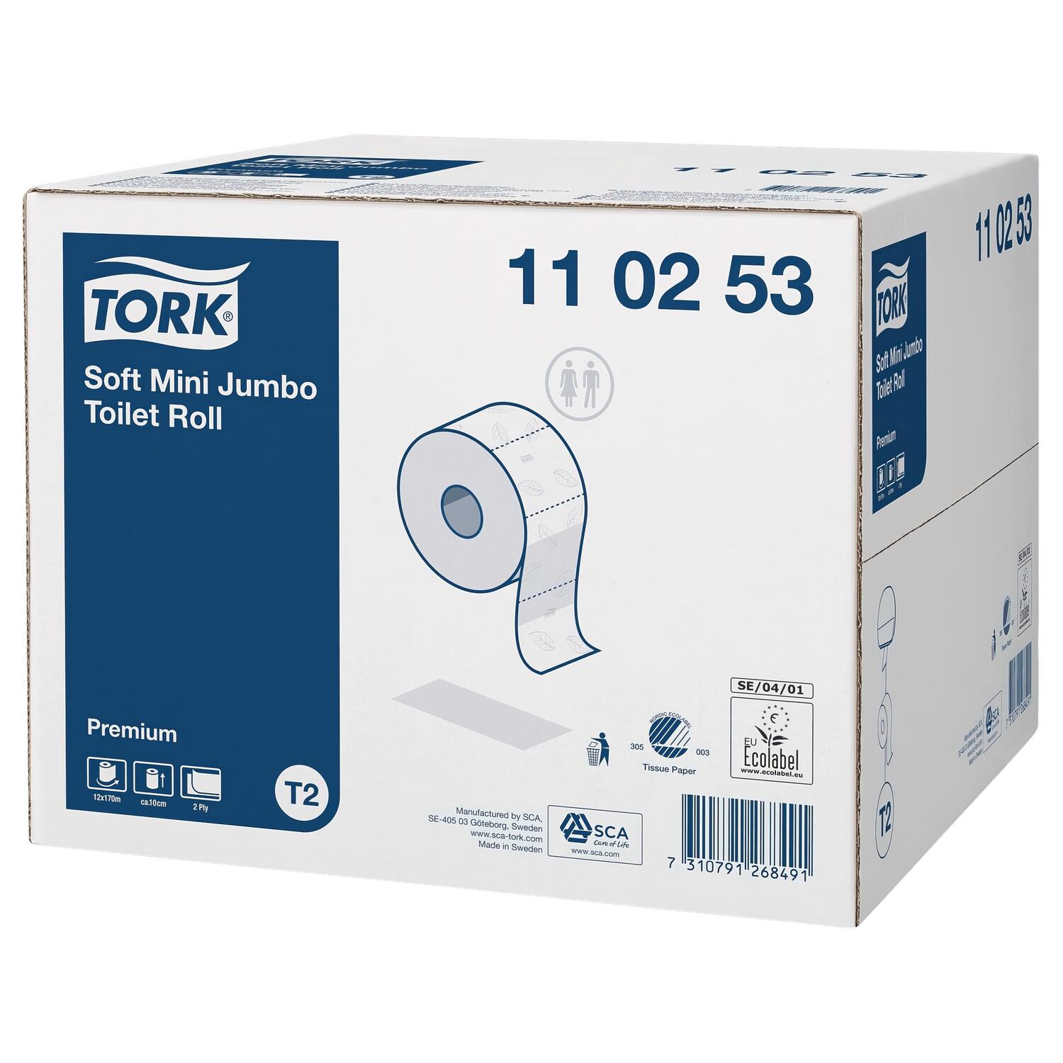 Tork Mini Jumbo Toilettenpapier Zellstoff Mix Premium 2-lagig, 12 Rollen je 170m